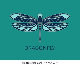 Openwork dragonfly icon. Colorful elements with outlines on marine blue background. Stock vector illustration. Creative modern concept for designs banners, cards, logo, prints, packings, covers, etc.