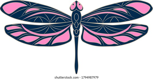 Icono de libélula de trabajo abierto. Ilustración vectorial colorida. Elemento aislado de color azul-rosa con un contorno beige sobre un fondo blanco. Concepto creativo y moderno para el diseño de logotipos, impresiones, cubiertas, artesanías.