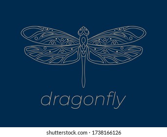 Openwork dragonfly icon. Stock vector illustration. Isolated beige outline elements on a dark blue background. Creative modern concept for designs banners, cards, logo, prints, packings, covers, etc.