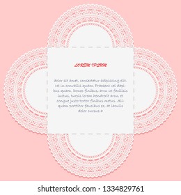 Openwork duo of pink background and white lace. Model for invitation or greeting card with cutting down. Template for laser cutting. Tracery pattern. Vector illustration.