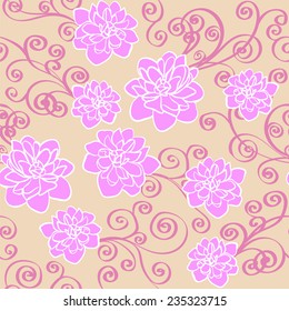 openwork elegant background with pink flowers and swirls on a tan background