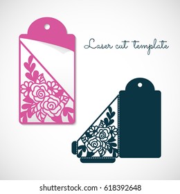 Openwork envelope tag with roses. Laser cutting vector template.