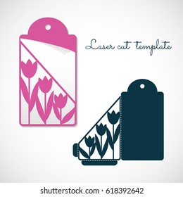 Openwork envelope tag with tulips. Laser cutting vector template.
