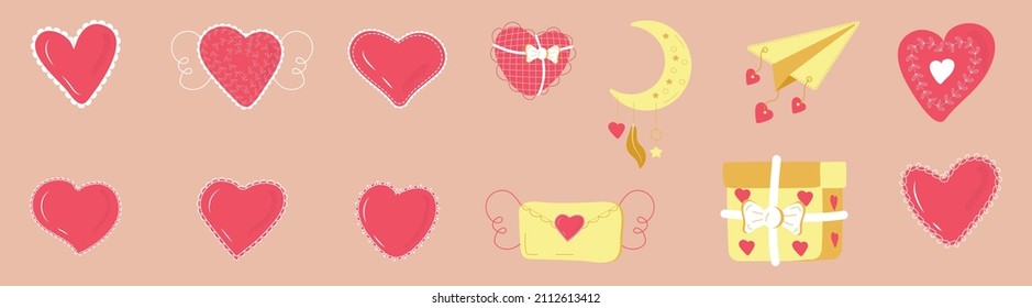 Openwork, fabric heart vector set in doodle syle.Bohemian Pink paper icon heart, valentine, letter collection. Valentine day icons.