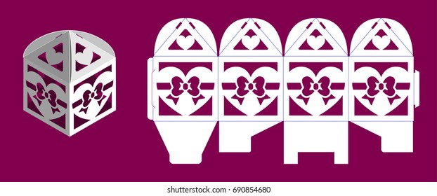 Openwork favor box with a gift bow on the heart. Wedding bonbonniere. Laser cutting. Vector illustration