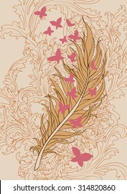 Openwork feather with butterflies in burgundy colors