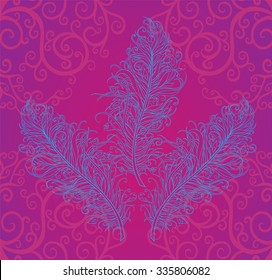 Openwork feathers with amazing patterns on a beautiful bright background in pink
