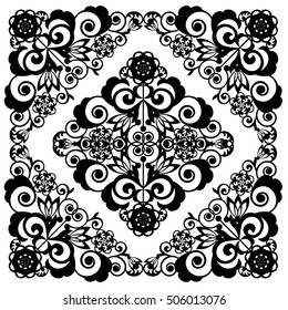 Openwork floral ornamental pattern with angular elements isolated on a white background. Square lace template, folk design.