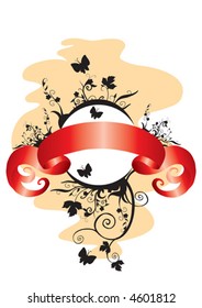 Openwork flower emblem with butterflies and a red tape
