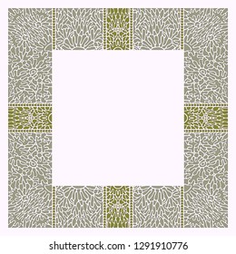 Openwork frame with abstract flowers and leaves in the form of specks collected in groups. Mosaic of pebbles.
Drawing for a corrugated napkin. Lace braid.