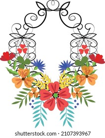 openwork frame with floral decor of poppies, cornflowers and spikelets, rustic style