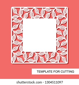 Openwork frame with leaves. Elegant floral ornament. Copy space for text. White object on a pink background. Template for laser cutting, wood carving, paper cut or printing. Vector illustration.