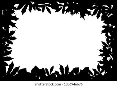 An openwork frame made of silhouettes of leaves of a maple, chestnut, elm, rowan. Isolated vector clipart.