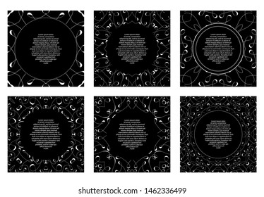 Openwork frame for text. White pattern on black background. Vector set