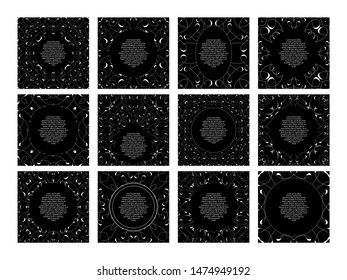 Openwork frame for text. White pattern on black background. Vector set. Graphic line art. Minimal geometric illustration art.