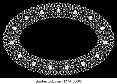 Openwork frame in white on a black background for the design of sites, needlework or an element of interior decor. Vector illustration.