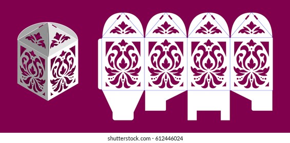 Openwork gift box for easter egg. Wedding bonbonniere with a lace ornament. Laser cutting vector template. Vector illustration with damask pattern. 