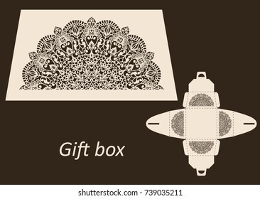 Openwork gift paper box with a handle. Greeting packaging with lace pattern. Presents packing. Retail Box with Blueprint Template. Pattern suitable for laser cutting, plotter cutting or printing