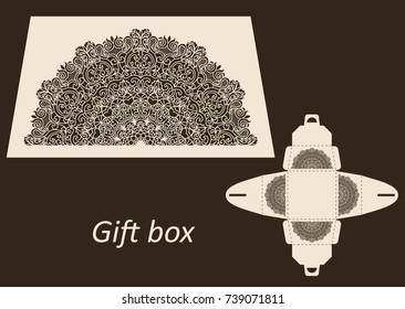 Openwork gift paper box with a handle. Greeting packaging with lace pattern. Presents packing, Pattern suitable for laser cutting, plotter cutting or printing. Vector