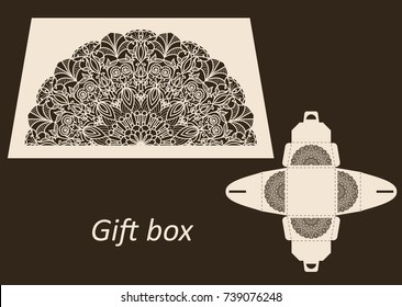 Openwork gift paper box with a handle. Greeting packaging with lace pattern. Presents packing, Pattern suitable for laser cutting, plotter cutting or printing. Vector