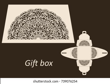 Openwork gift paper box with a handle. Greeting packaging with lace pattern. Presents packing. Retail Box with Blueprint Template. Pattern suitable for laser cutting, plotter cutting or printing