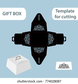 Openwork gift paper box with a handle, lace pattern, assembly without glue, cut out template, packaging for retail, greeting packaging, laser cutting template, presents packing, vector illustrations.