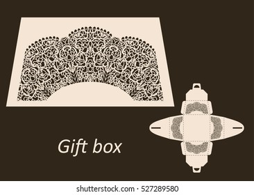 Openwork gift paper box with a handle.Greeting packaging with lace pattern. Presents packing, Pattern suitable for laser cutting, plotter cutting or printing. Vector 