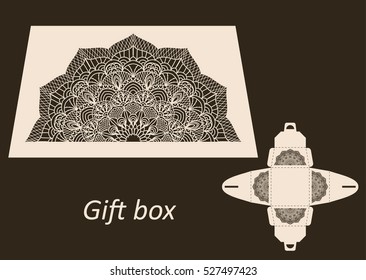 Openwork gift paper box with a handle.Greeting packaging with lace pattern. Presents packing, Pattern suitable for laser cutting, plotter cutting or printing. Vector 