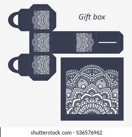 Openwork gift paper box with a handle.Greeting packaging with lace pattern. Template presents packing, Pattern suitable for laser cutting, plotter cutting or printing. Vector.