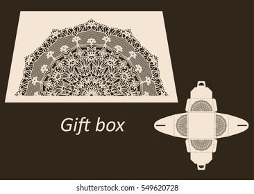 Openwork gift paper box with a handle.Greeting packaging with lace pattern. Template presents packing, Pattern suitable for laser cutting, plotter cutting or printing. Vector