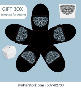 Openwork gift paper box, lace pattern, pentagonal  bottom, cut out template, packaging for retail, greeting packaging, laser cutting template, presents packing, vector illustrations.