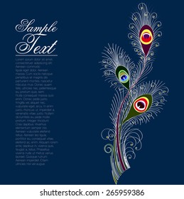 openwork glowing peacock feathers on a dark blue night background.