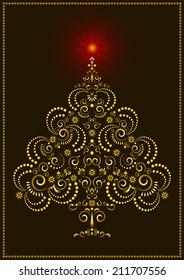 Openwork gold Christmas tree with a red star and a cross in vintage style