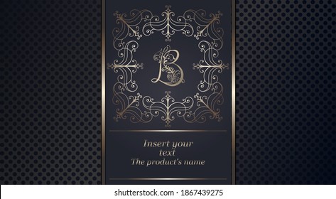 Apertura, marco dorado con monograma sobre fondo azul. Letra B. Diseños elegantes para etiquetas, insignias, marcos y diseños de embalaje de lujo.