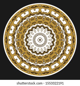 Openwork gold ornament in a circle. Round decorative composition, mandala, plate, napkin, tablecloth and more. Vector illustration
