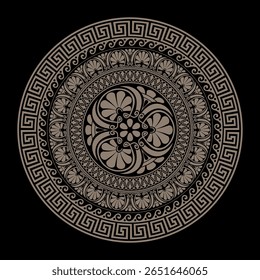 Abertura de quadro redondo de ouro em estilo grego antigo sobre fundo preto. Meandro grego. Ornamento redondo. Padrões da Grécia, Roma Antiga. Estilo grego vetorial. Para têxteis, bordados, porcelana, cerâmica