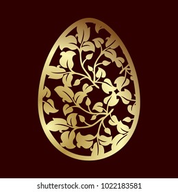 Openwork golden Easter egg with leaves. Laser cutting or foiling template for decorations, cards, interior decorative elements.