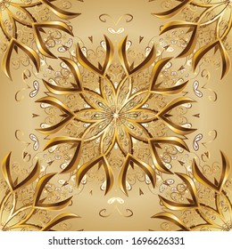 Openwork golden pattern. Sketch golden texture curls. Vector. Oriental style arabesques. Sketch pattern on brown, yellow, beige colors with golden elements. Brilliant lace, stylized flowers, paisley.