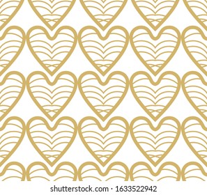 Openwork golden pattern from symmetric hearts isolated on white. Abstract geometric retro background in the style of the 20s.