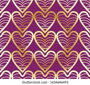 Openwork golden pattern from symmetric hearts on burgundy. Abstract geometric retro background in the style of the 20s.
