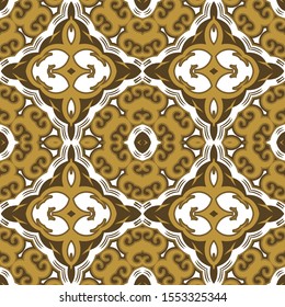 Openwork golden seamless ornament in the square. Decorative composition, background, wallpaper, tablecloth, bedspread, plaid and more. Vector illustration