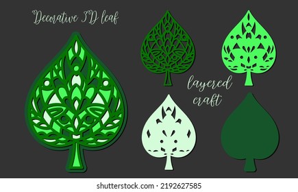 Openwork green leaf. Multi-layer decorative craft. 3D design for laser cutting.