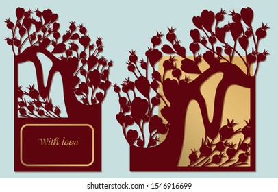 Openwork greeting card, paper cutting for congratulations, invitations. Laser cutting in holiday design.