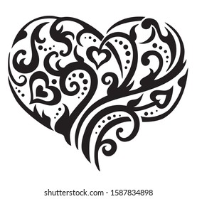 Openwork heart with a baroque pattern. Black and white vector illustration for St. Valentine's Day, for a romantic greeting card, graphic print, tattoo.
