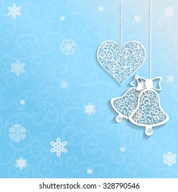  Openwork  heart and bell on blue winter background with snowflakes