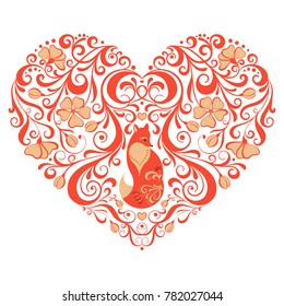 Openwork heart from a flower ornaments with a fox. Emblem, a symbol of Valentine's day. Decorative item, wedding decoration.