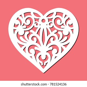 Openwork heart with a lace ornament. Laser cutting template. Happy Valentine's Day sign, icon of love symbol. Vector silhouette of beautiful element. Illustration art isolated on red background.