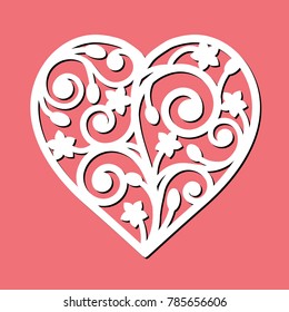 Openwork heart with a lace ornament. Laser cutting template. Happy Valentine's Day sign, icon of love symbol. Vector silhouette of beautiful element. Illustration art isolated on red background.