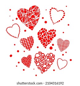 Openwork hearts and dots isolated on white background. Cute red hearts. Design elements for Valentine's Day. Vector.