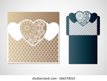 Openwork hearts with mandala pattern. Vector Laser cutting template for an envelope.